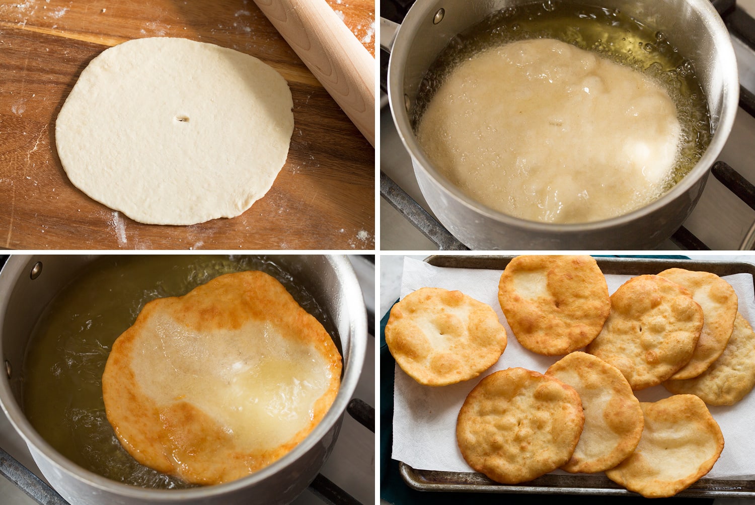 Continued steps showing how to deep fry Navajo fry bread.