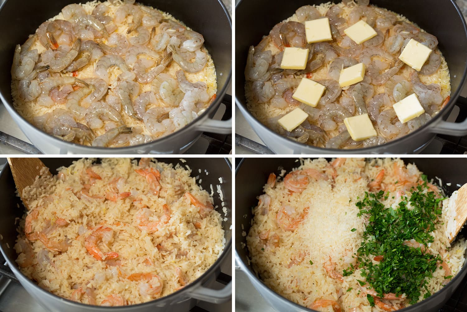 Steps for cooking shrimp with the rice.